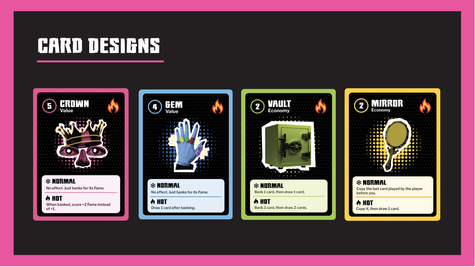 Card designs - Crown, Gem, Vault, and Mirror, the Value and Economy category cards