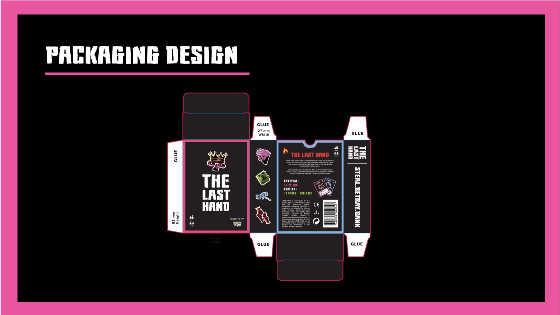 Tuck box dieline for The Last Hand - front, back, and side panels with glue tabs, 92mm height, 65mm length