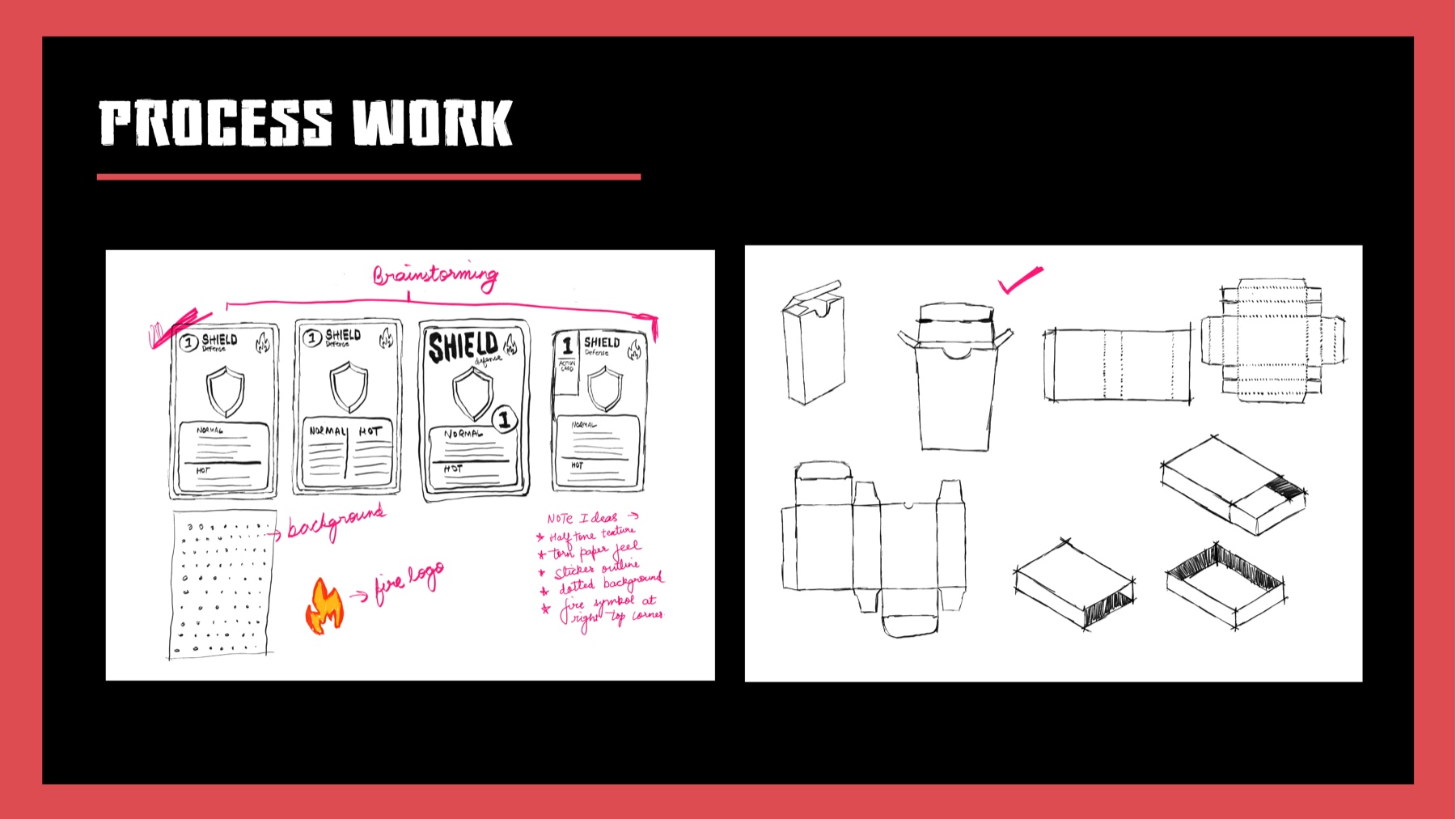 Early process sketches - hand-drawn card layout brainstorming and box dieline thumbnails