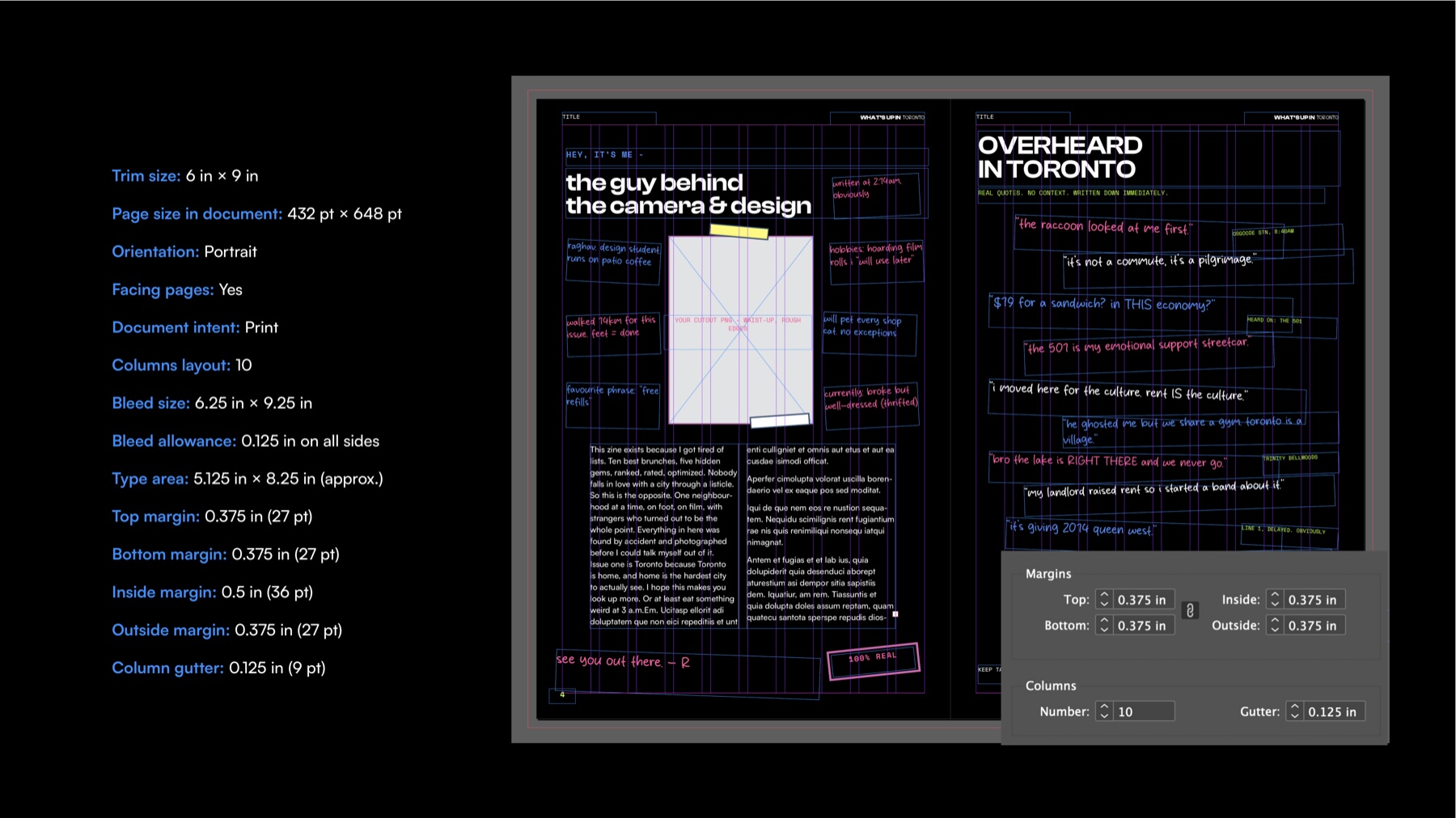 InDesign grid structure for the zine - a 6x9 inch trim size on a 10-column grid with 0.375 inch margins, shown against draft layouts for 'the guy behind the camera & design' and 'Overheard in Toronto'